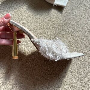 Feather-Trim Open-Toe heel in Cream with Gold Heel, worn once, square toe